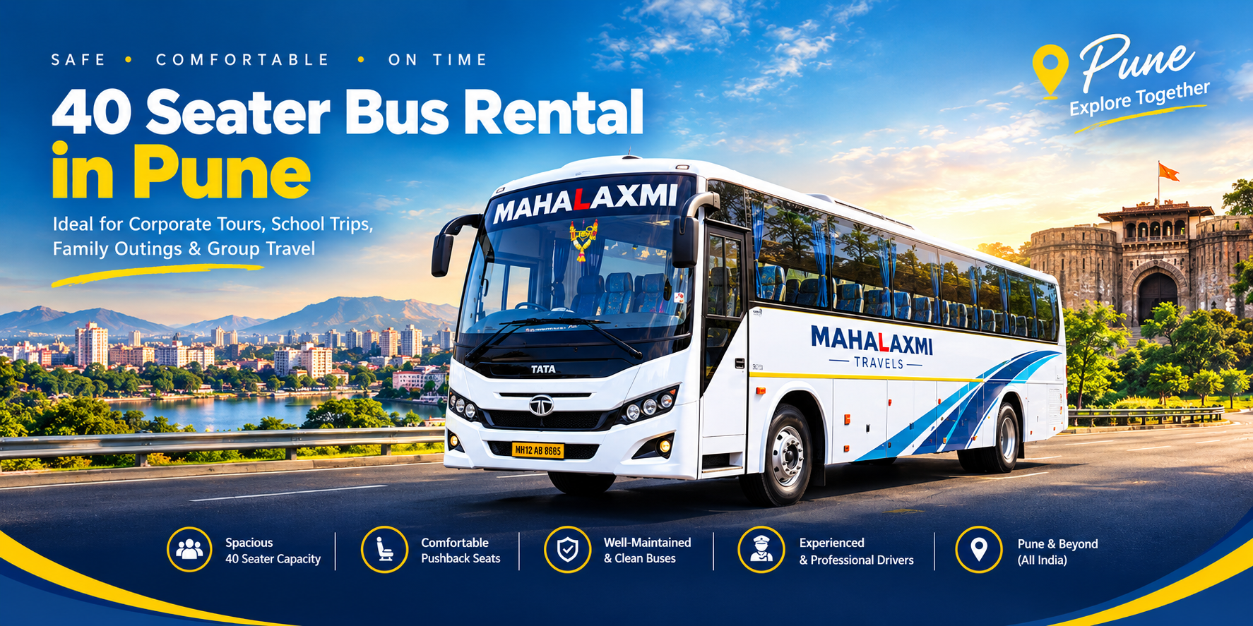 White 40 seater AC bus in Pune ready for a group tour