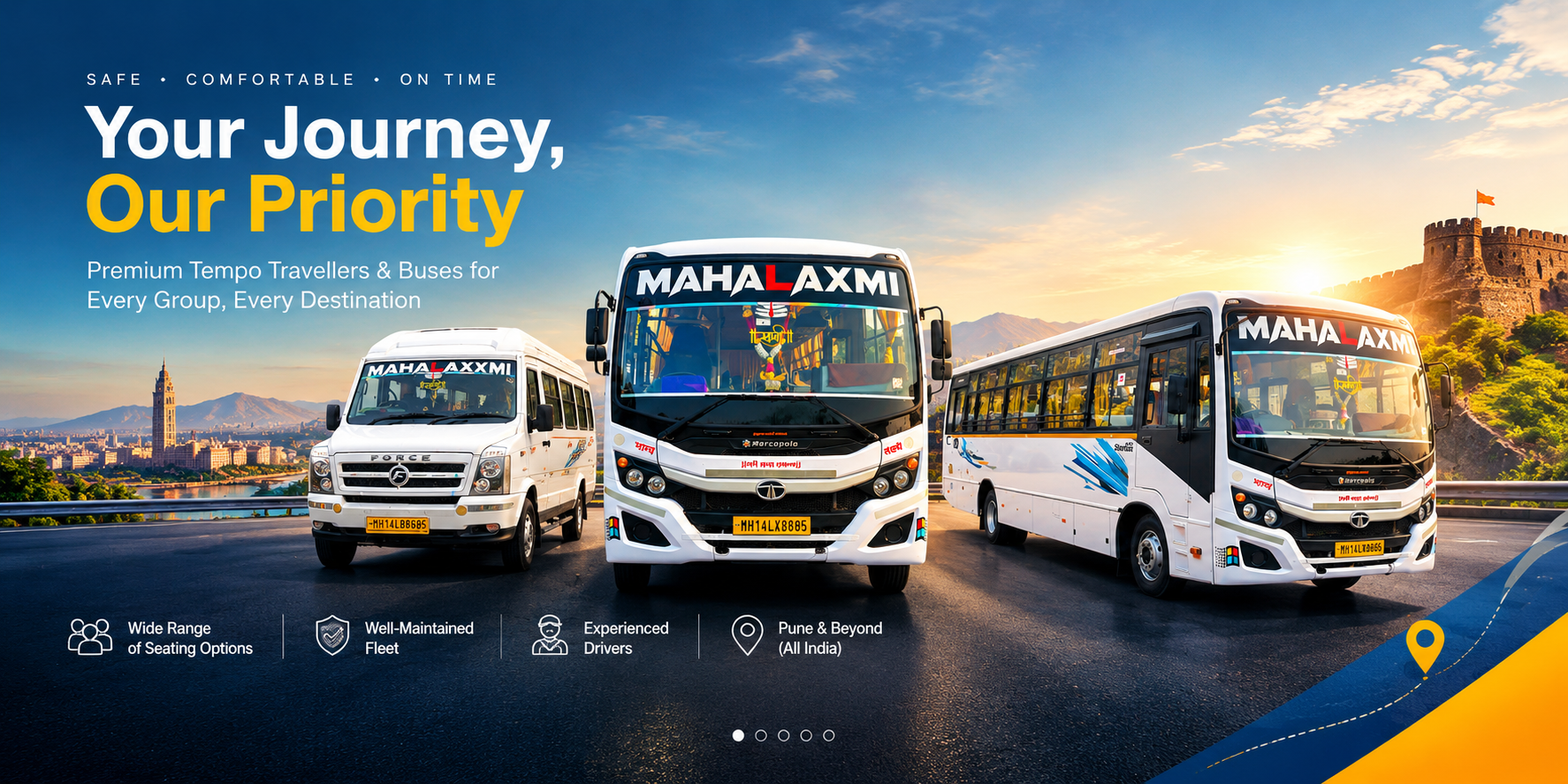 Nehaa Travels fleet of white AC tempo travellers parked in Pune